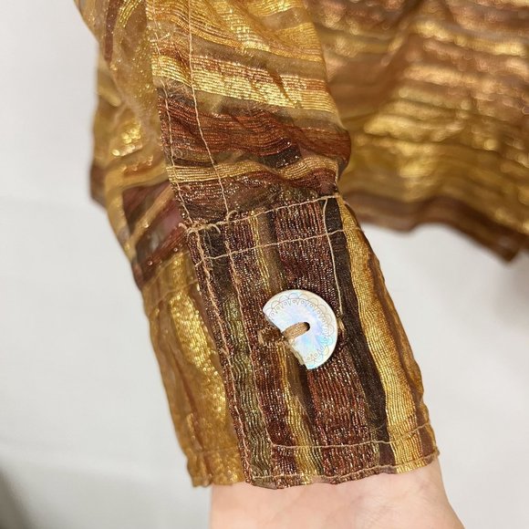 Vintage Gold Metallic Striped Sheer Button Down Shirt Mother of Pearl - Size 2X - Picture 4 of 6